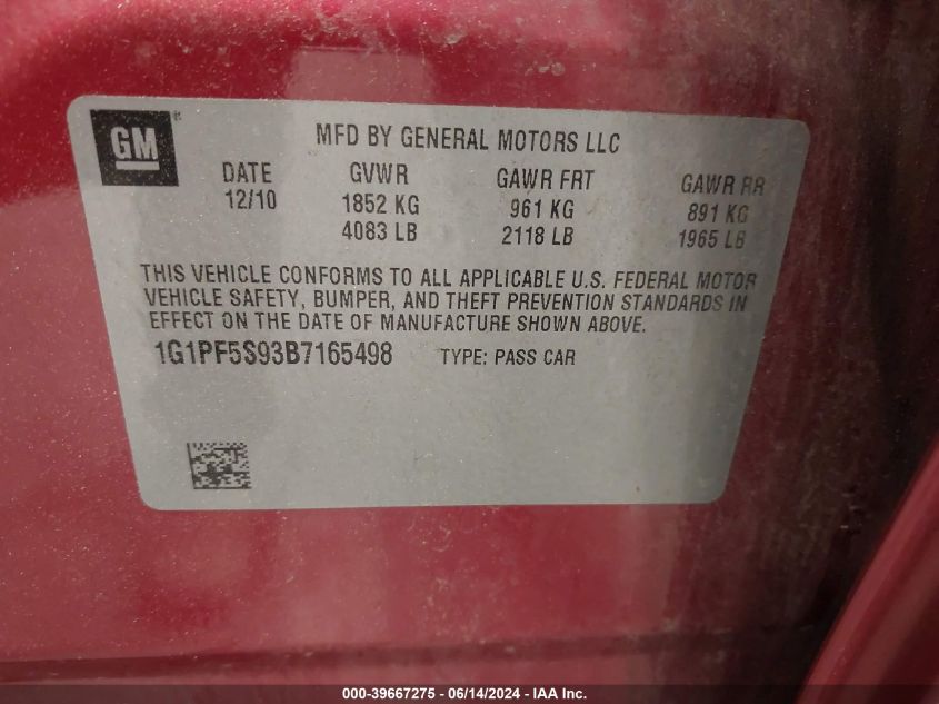 2011 Chevrolet Cruze 1Lt VIN: 1G1PF5S93B7165498 Lot: 39667275