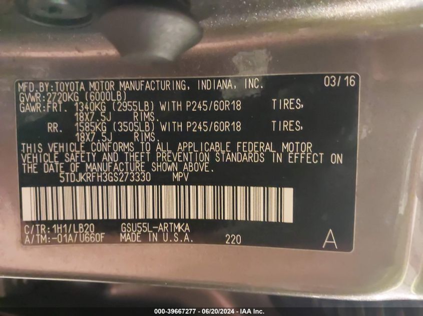 2016 Toyota Highlander Xle V6 VIN: 5TDJKRFH3GS273330 Lot: 39667277