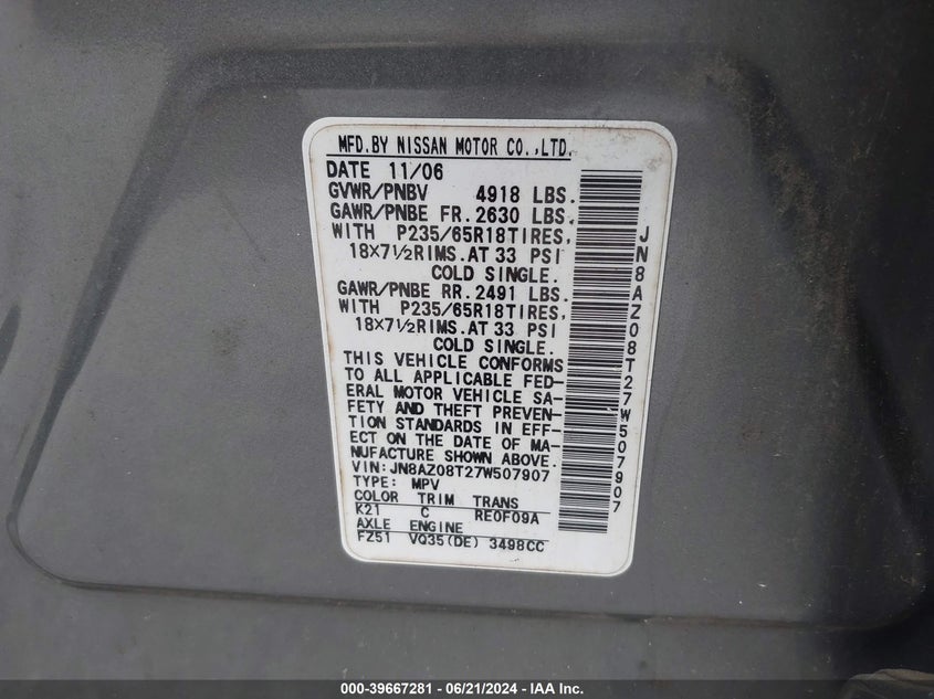 2007 Nissan Murano Sl VIN: JN8AZ08T27W507907 Lot: 39667281