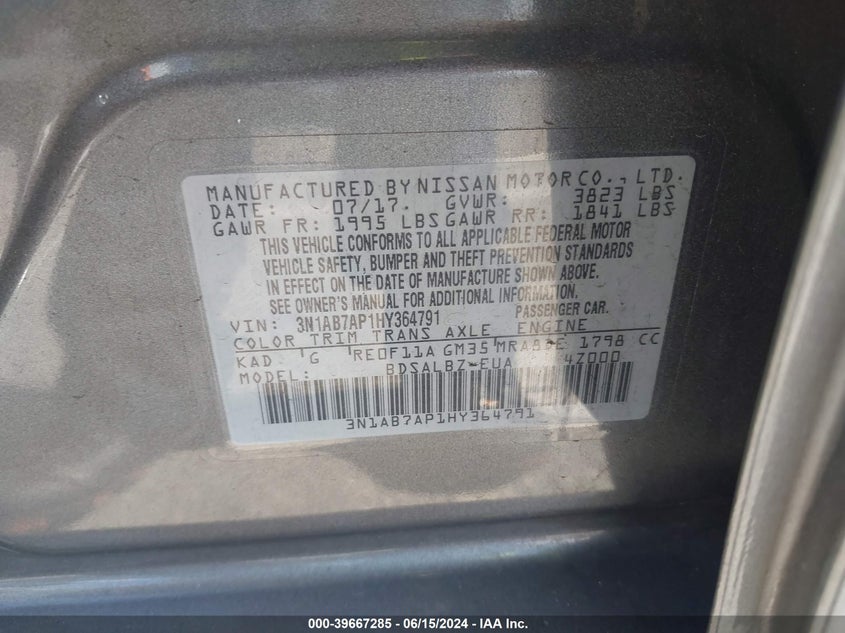 2017 Nissan Sentra S VIN: 3N1AB7AP1HY364791 Lot: 39667285