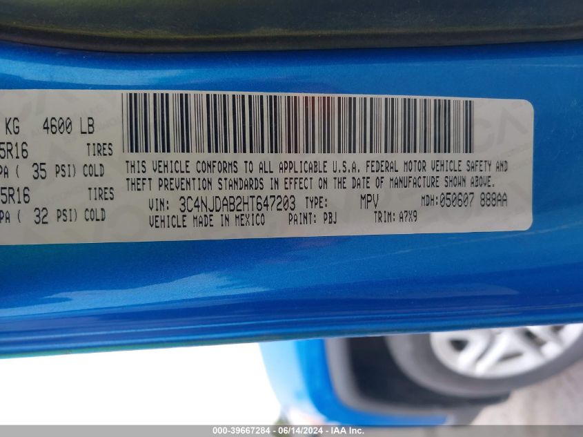 2017 Jeep New Compass Sport 4X4 VIN: 3C4NJDAB2HT647203 Lot: 39667284