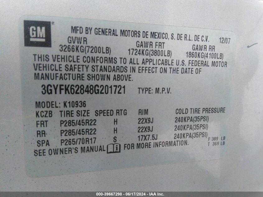 2008 Cadillac Escalade Ext Standard VIN: 3GYFK62848G201721 Lot: 39667298