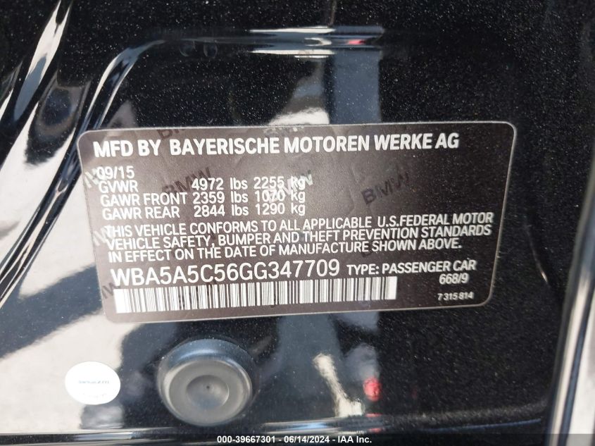 2016 BMW 528I VIN: WBA5A5C56GG347709 Lot: 39667301