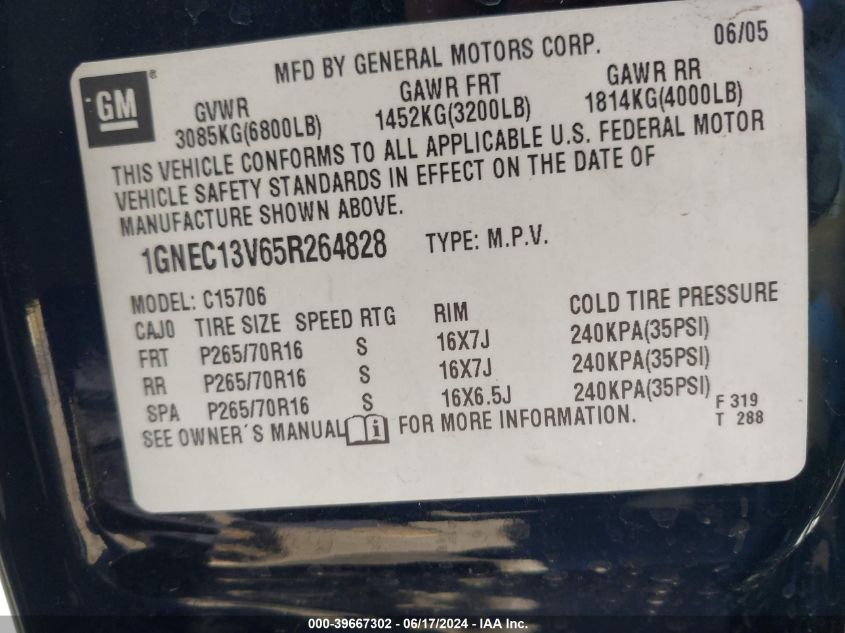 2005 Chevrolet Tahoe Ls VIN: 1GNEC13V65R264828 Lot: 39667302