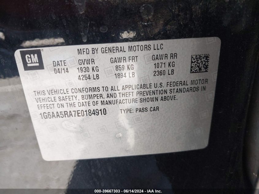 2014 Cadillac Ats Standard VIN: 1G6AA5RA7E0184910 Lot: 39667303