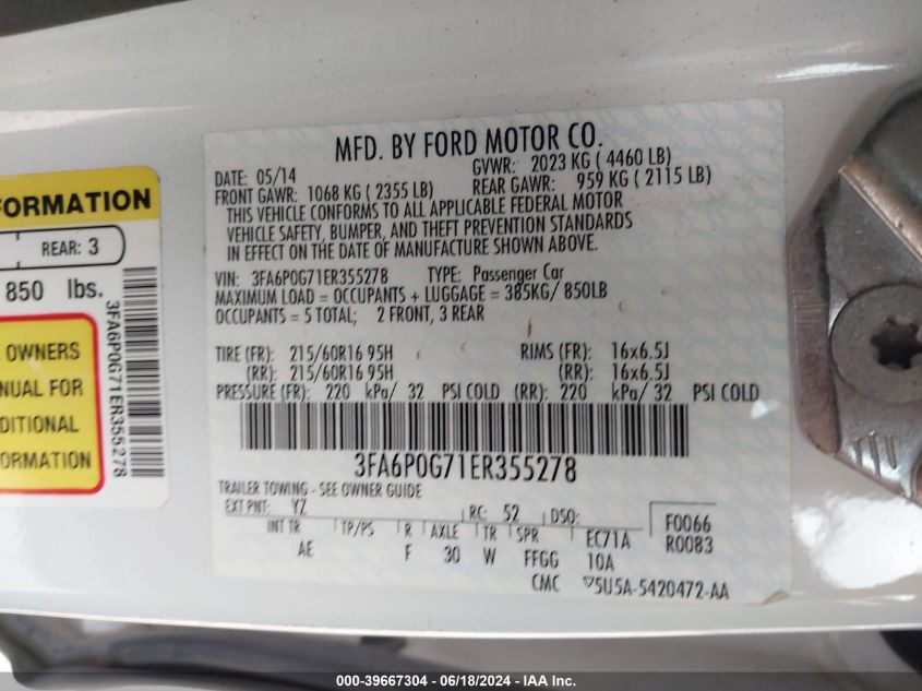 2014 FORD FUSION S - 3FA6P0G71ER355278