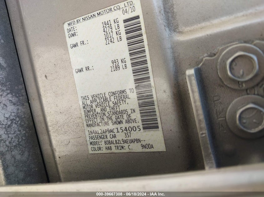 2010 Nissan Altima 2.5 S VIN: 1N4AL2AP9AC154005 Lot: 39667308