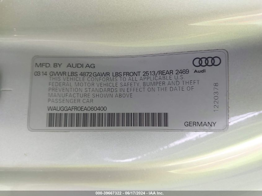 2014 Audi S5 3.0T Premium Plus VIN: WAUGGAFR0EA060400 Lot: 39667322