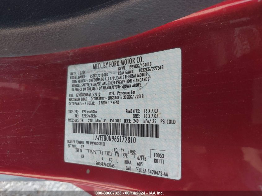 2006 Ford Mustang V6 VIN: 1ZVFT80N965172810 Lot: 39667323