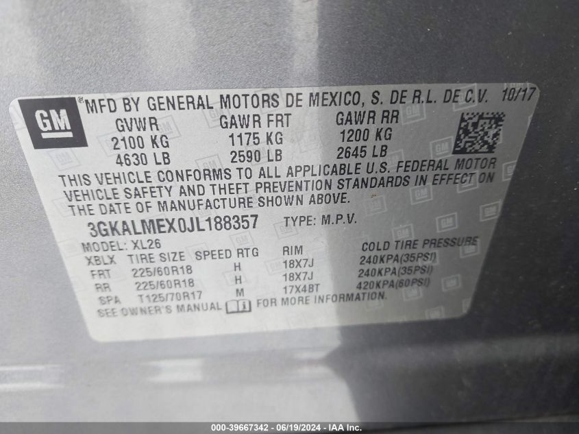 2018 GMC Terrain Sle VIN: 3GKALMEX0JL188357 Lot: 39667342