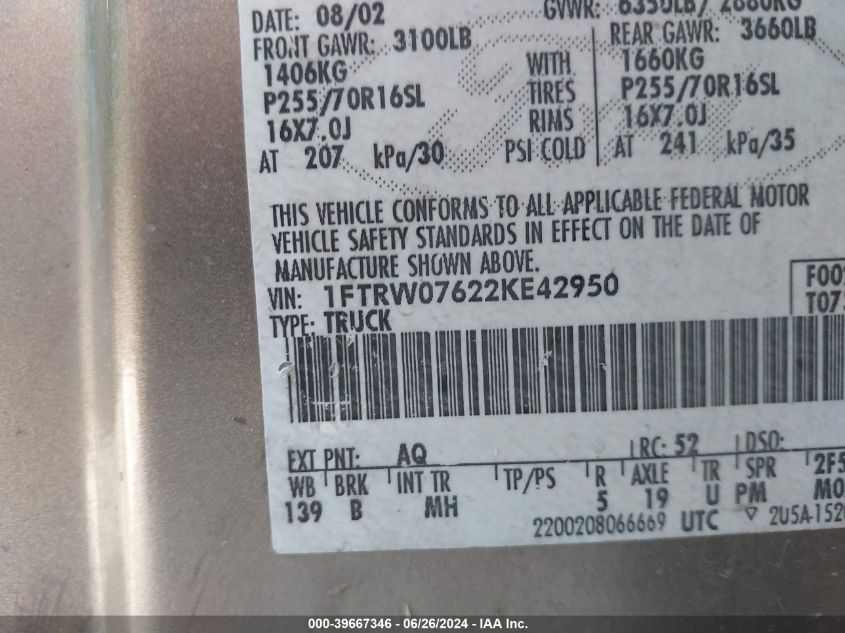 2002 Ford F-150 King Ranch/Lariat/Xlt VIN: 1FTRW07622KE42950 Lot: 39667346