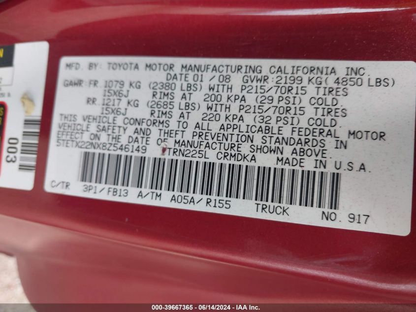 2008 Toyota Tacoma VIN: 5TETX22NX8Z546149 Lot: 39667365