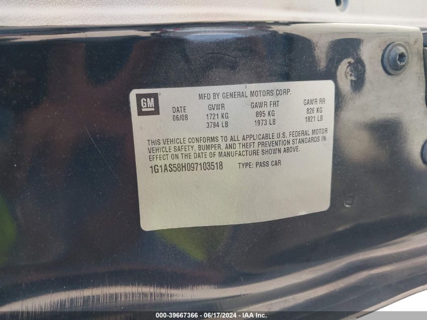 2009 Chevrolet Cobalt Ls VIN: 1G1AS58H097103518 Lot: 39667366