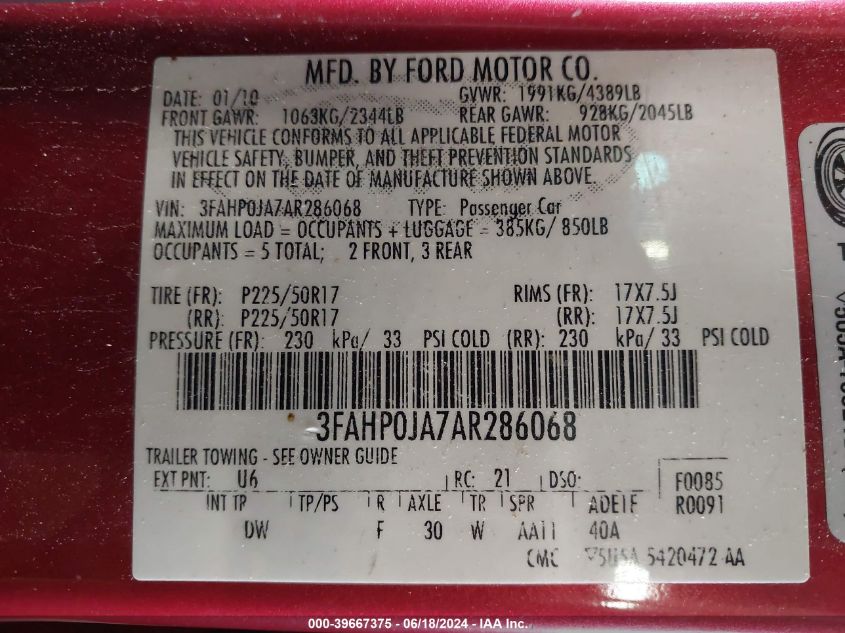 2010 Ford Fusion Sel VIN: 3FAHP0JA7AR286068 Lot: 39667375