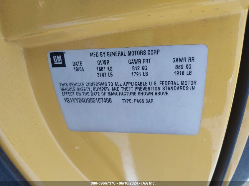 2005 Chevrolet Corvette VIN: 1G1YY24U955107488 Lot: 39667378