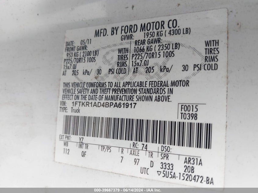 2011 Ford Ranger Xl VIN: 1FTKR1AD4BPA61917 Lot: 39667379