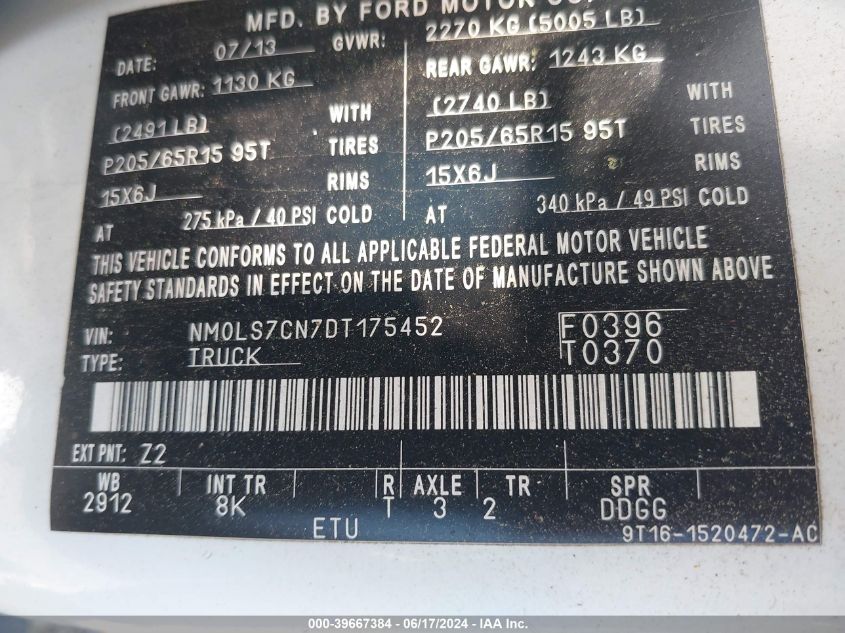 2013 Ford Transit Connect Xl VIN: NM0LS7CN7DT175452 Lot: 39667384