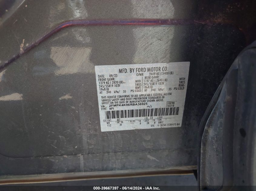 2024 Ford Edge Titanium VIN: 2FMPK4K96RBA36925 Lot: 39667397