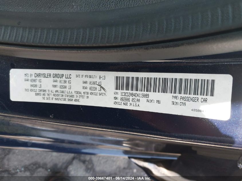 2014 Dodge Avenger Se VIN: 1C3CDZAB4EN119089 Lot: 39667401