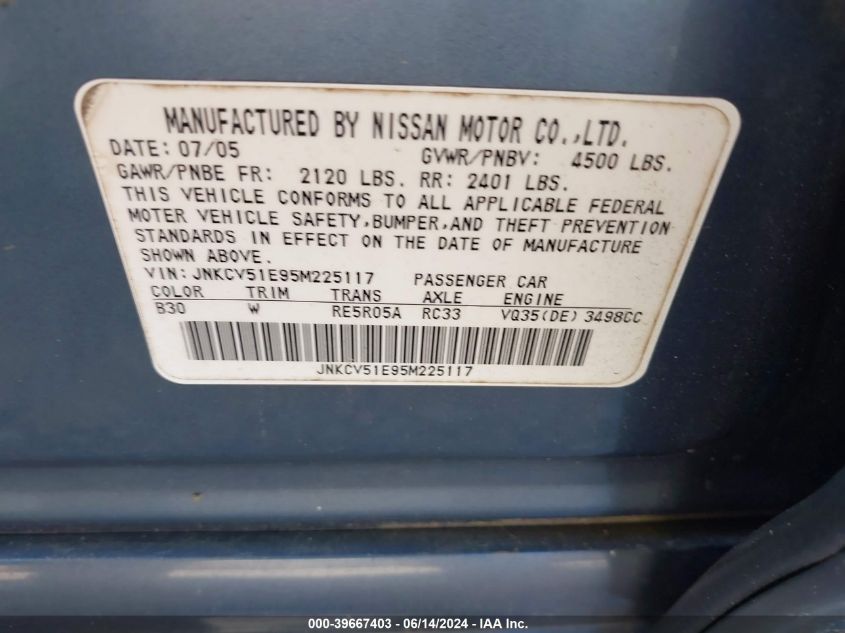 2005 Infiniti G35 VIN: JNKCV51E95M225117 Lot: 39667403