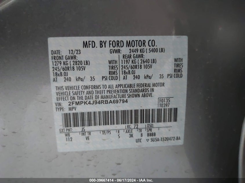 2024 Ford Edge Sel VIN: 2FMPK4J94RBA69794 Lot: 39667414