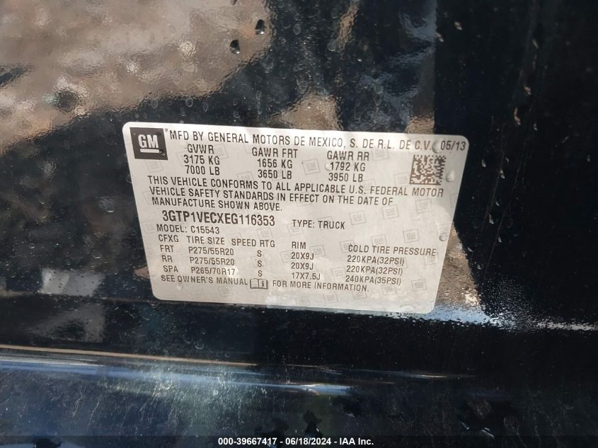 2014 GMC Sierra 1500 Slt VIN: 3GTP1VECXEG116353 Lot: 39667417