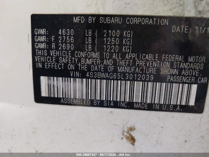 2020 Subaru Legacy Sport VIN: 4S3BWAG65L3012039 Lot: 39667437