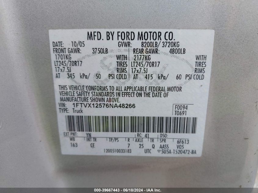 2006 Ford F-150 Lariat/Xl/Xlt VIN: 1FTVX12576NA48266 Lot: 39667443