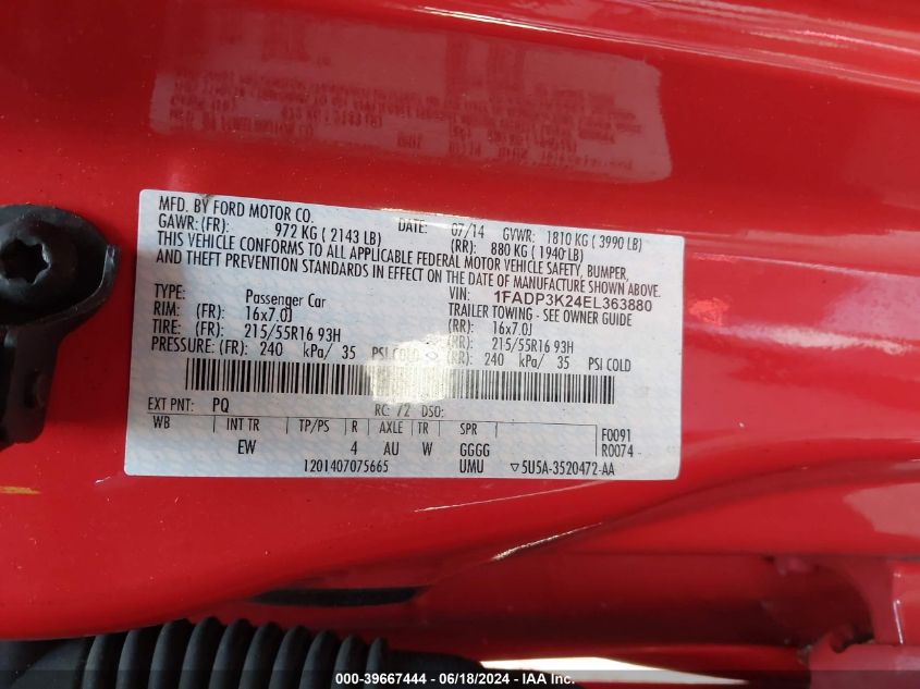 2014 Ford Focus Se VIN: 1FADP3K24EL363880 Lot: 39667444