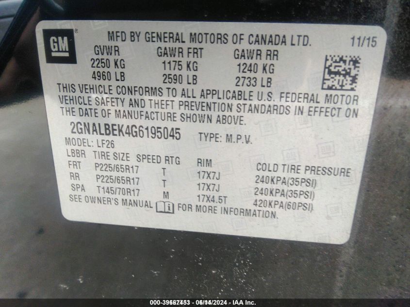 2016 Chevrolet Equinox Ls VIN: 2GNALBEK4G6195045 Lot: 39667453