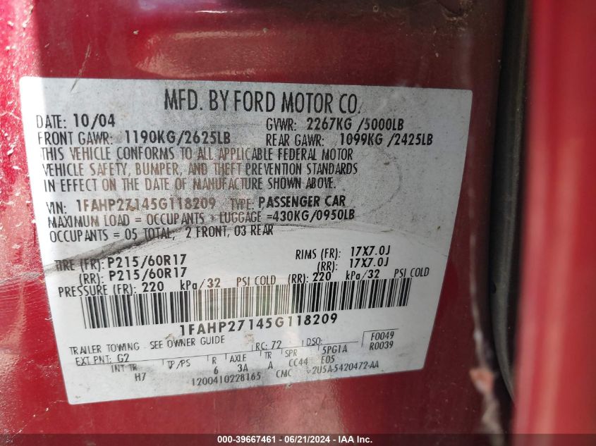 2005 Ford Five Hundred Sel VIN: 1FAHP27145G118209 Lot: 39667461