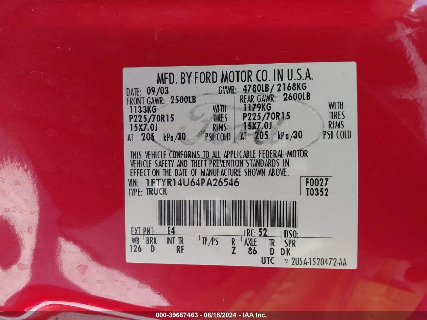 2004 Ford Ranger Edge/Tremor/Xl/Xlt VIN: 1FTYR14U64PA26546 Lot: 39667463