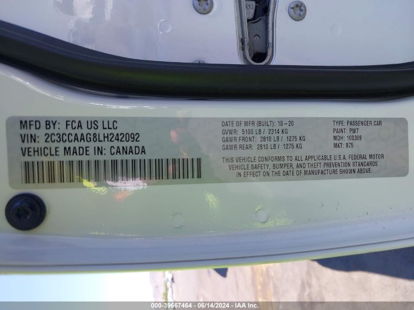 2020 Chrysler 300 Touring VIN: 2C3CCAAG8LH242092 Lot: 39667464