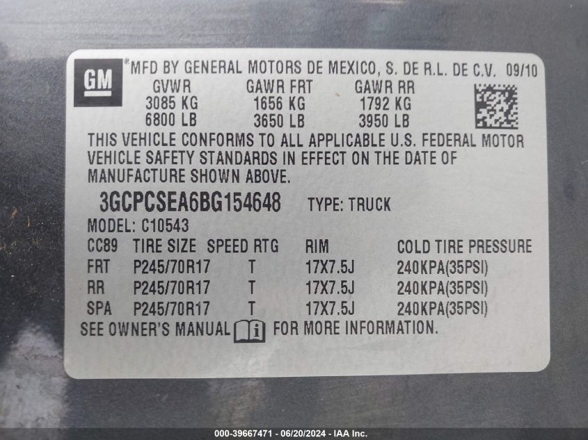 2011 Chevrolet Silverado 1500 Lt VIN: 3GCPCSEA6BG154648 Lot: 39667471