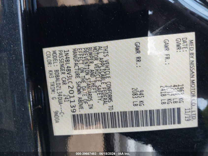 2020 Nissan Altima S Fwd VIN: 1N4BL4BV3LC201139 Lot: 39667483