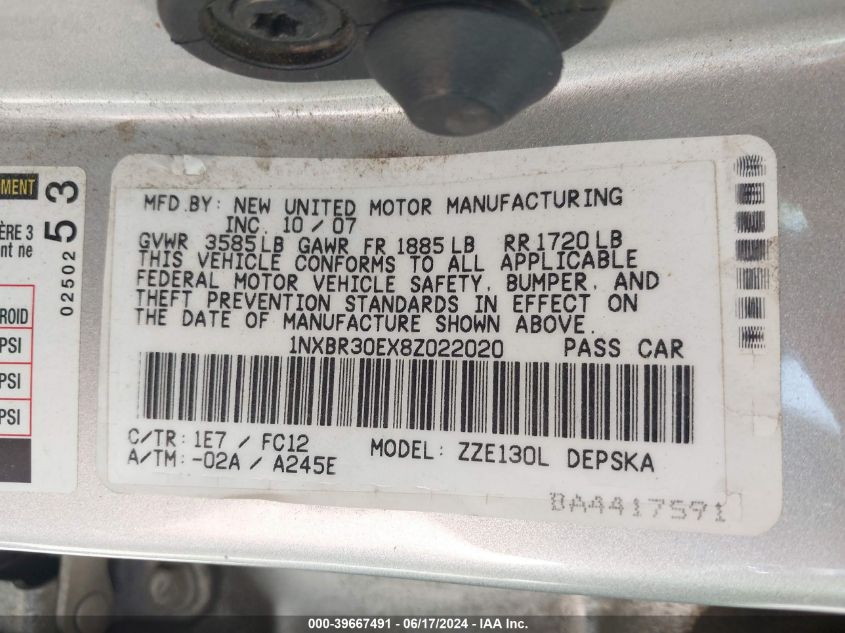 2008 Toyota Corolla S VIN: 1NXBR30EX8Z022020 Lot: 39667491