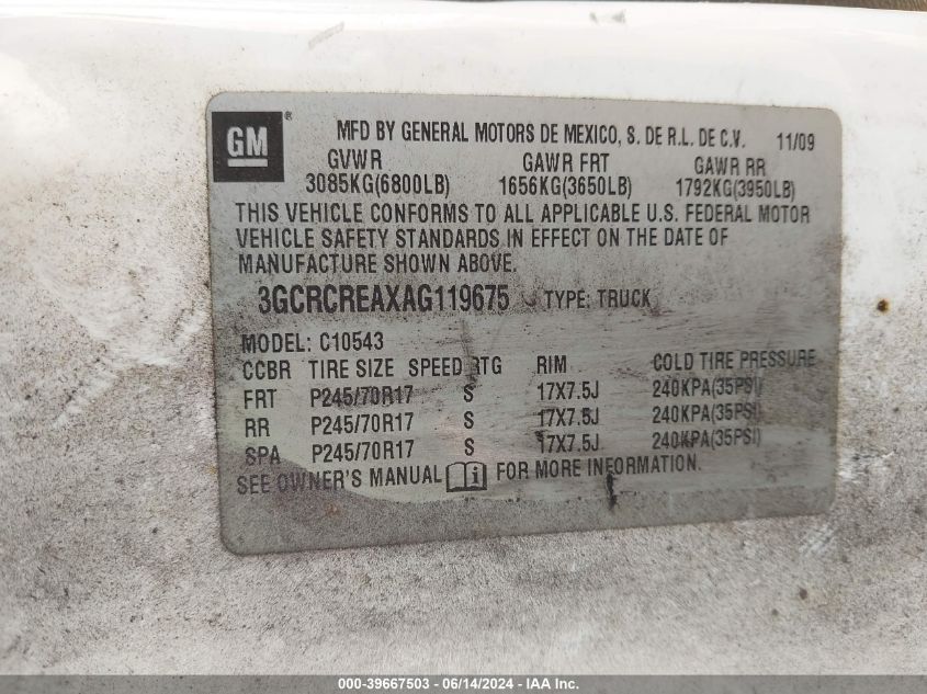 2010 Chevrolet Silverado 1500 Ls VIN: 3GCRCREAXAG119675 Lot: 39667503