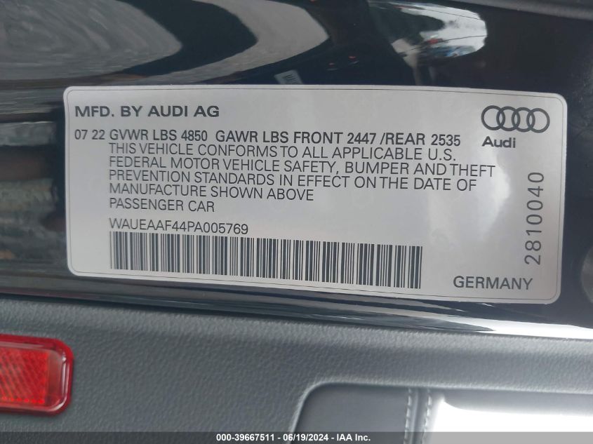 WAUEAAF44PA005769 2023 Audi A4 Premium Plus 45 Tfsi S Line Quattro S Tronic