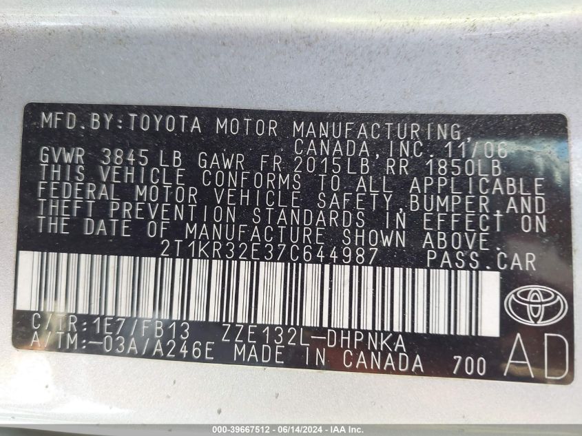 2007 Toyota Matrix Xr VIN: 2T1KR32E37C644987 Lot: 39667512