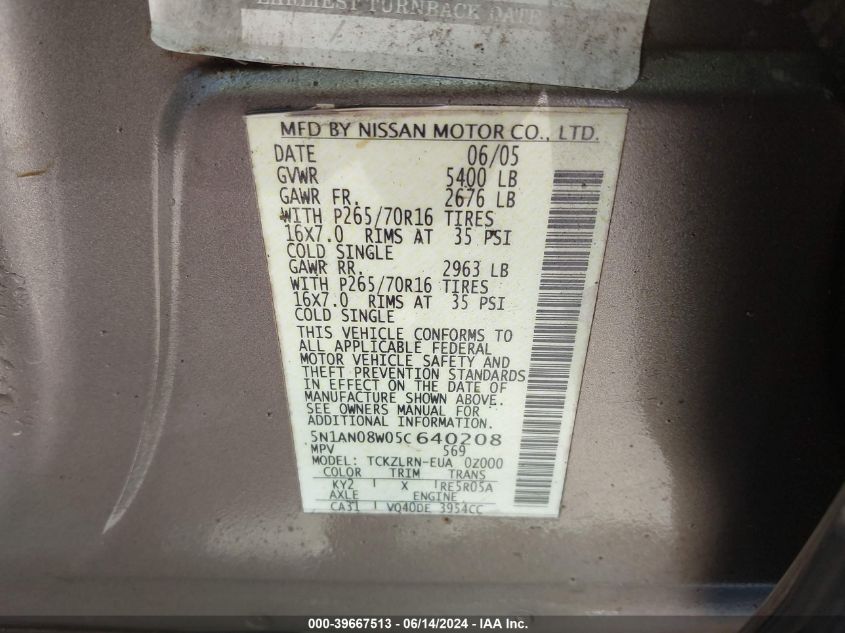 2005 Nissan Xterra S VIN: 5N1AN08W05C640208 Lot: 39667513