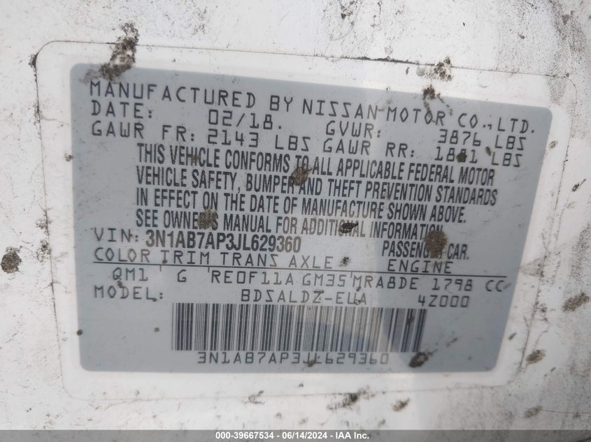 2018 Nissan Sentra Sv VIN: 3N1AB7AP3JL629360 Lot: 39667534