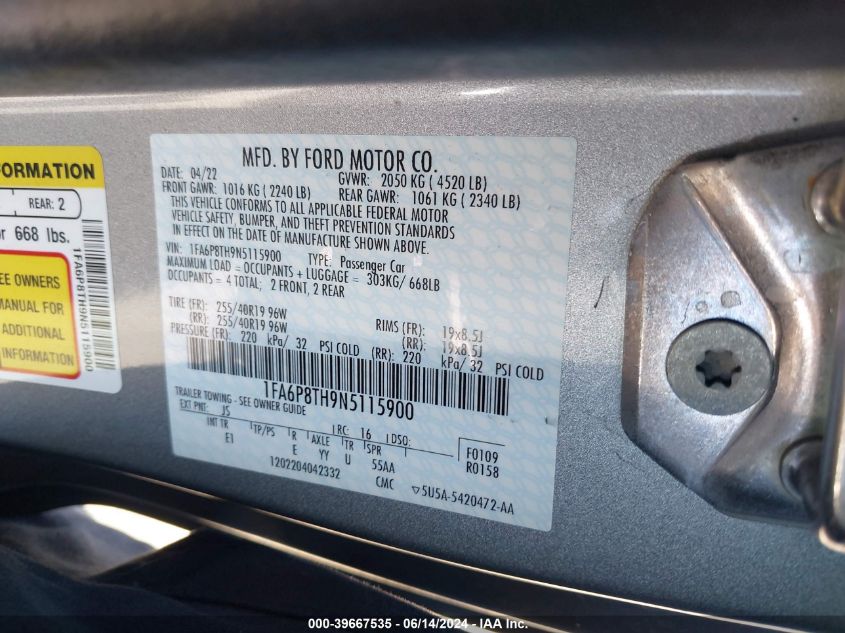 2022 Ford Mustang Ecoboost Premium Fastback VIN: 1FA6P8TH9N5115900 Lot: 39667535