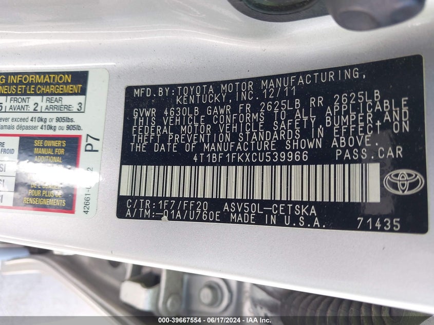 2012 Toyota Camry Se VIN: 4T1BF1FKXCU539966 Lot: 39667554