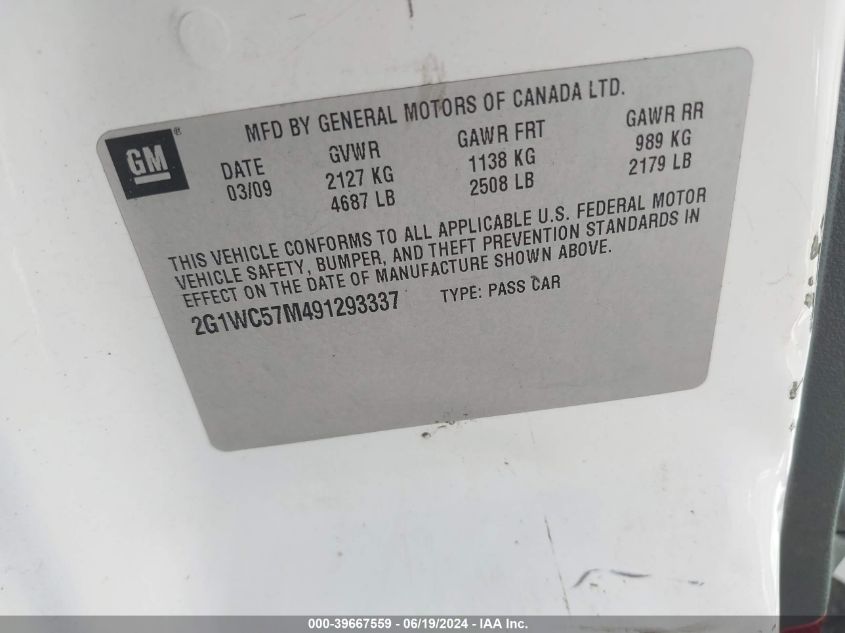 2009 Chevrolet Impala Lt VIN: 2G1WC57M491293337 Lot: 39667559