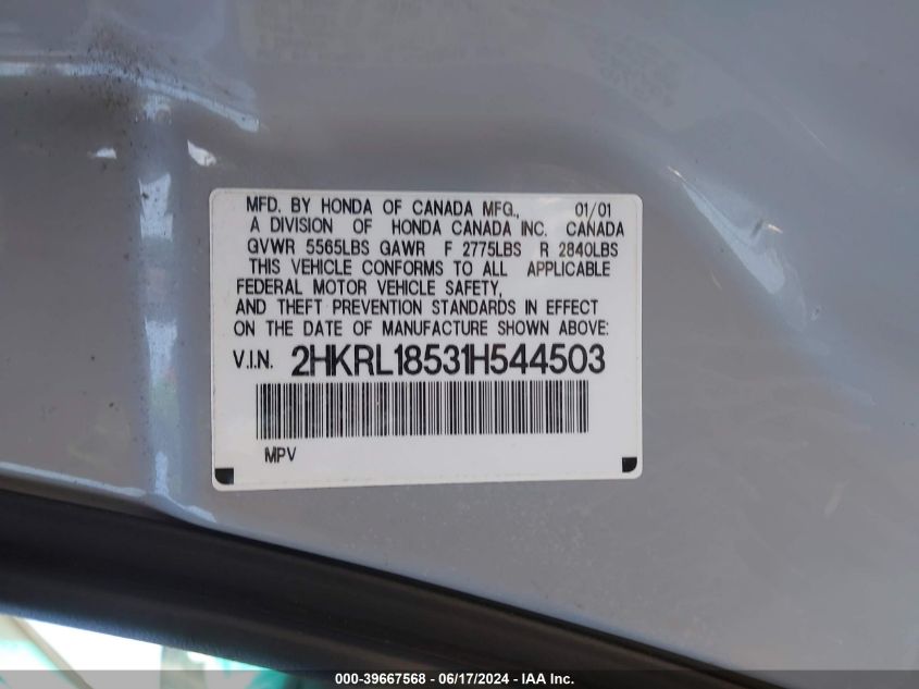 2001 Honda Odyssey Lx VIN: 2HKRL18531H544503 Lot: 39667568