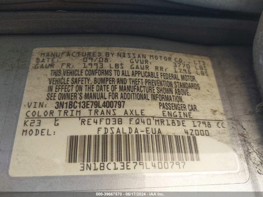 2009 Nissan Versa 1.8S VIN: 3N1BC13E79L400797 Lot: 39667570