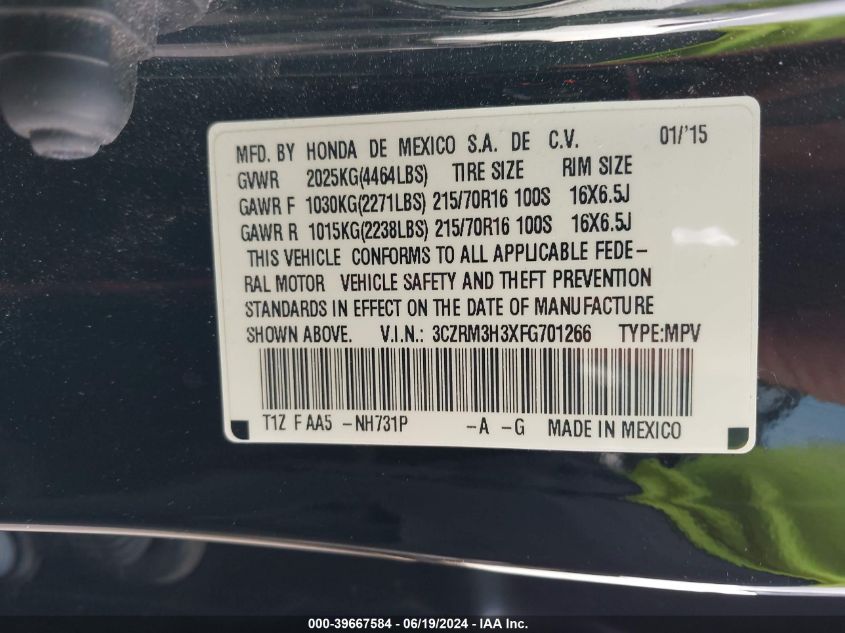 2015 Honda Cr-V Lx VIN: 3CZRM3H3XFG701266 Lot: 39667584