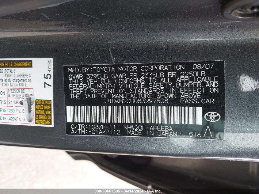 2008 Toyota Prius VIN: JTDKB20U083297508 Lot: 39667585