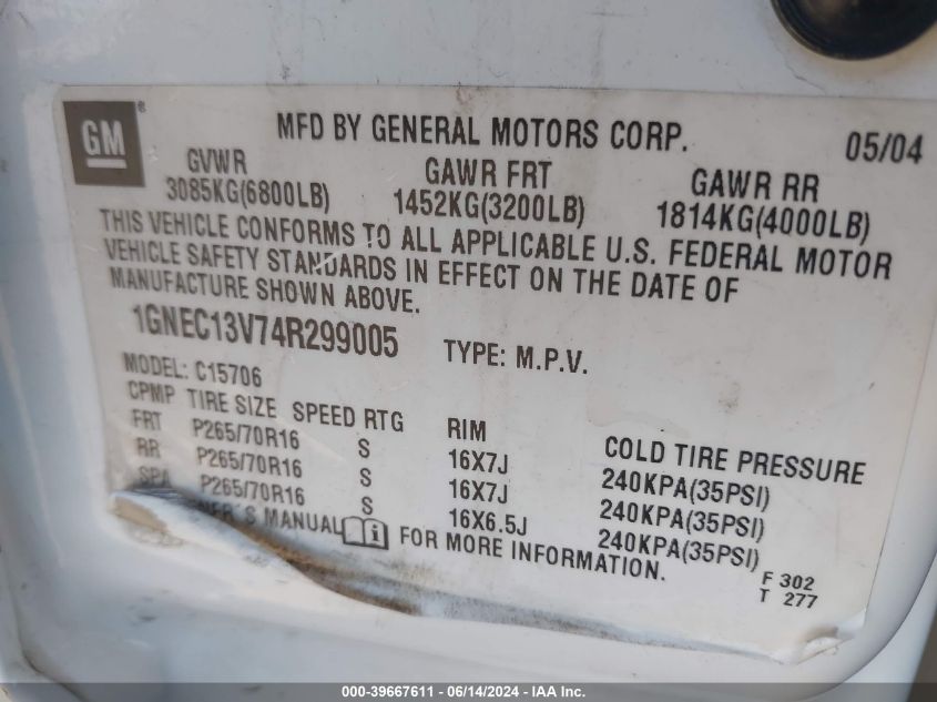 2004 Chevrolet Tahoe Ls VIN: 1GNEC13V74R299005 Lot: 39667611