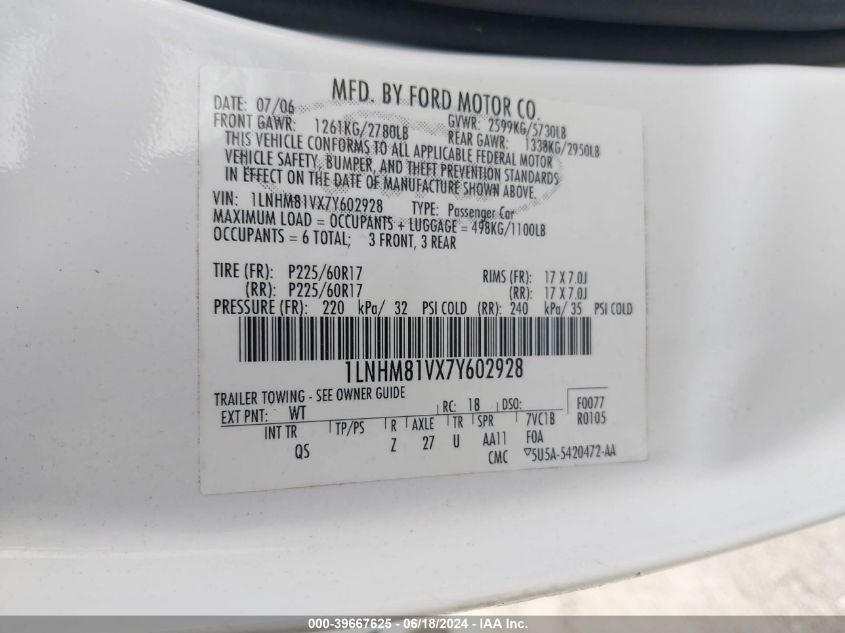 2007 Lincoln Town Car Signature VIN: 1LNHM81VX7Y602928 Lot: 39667625